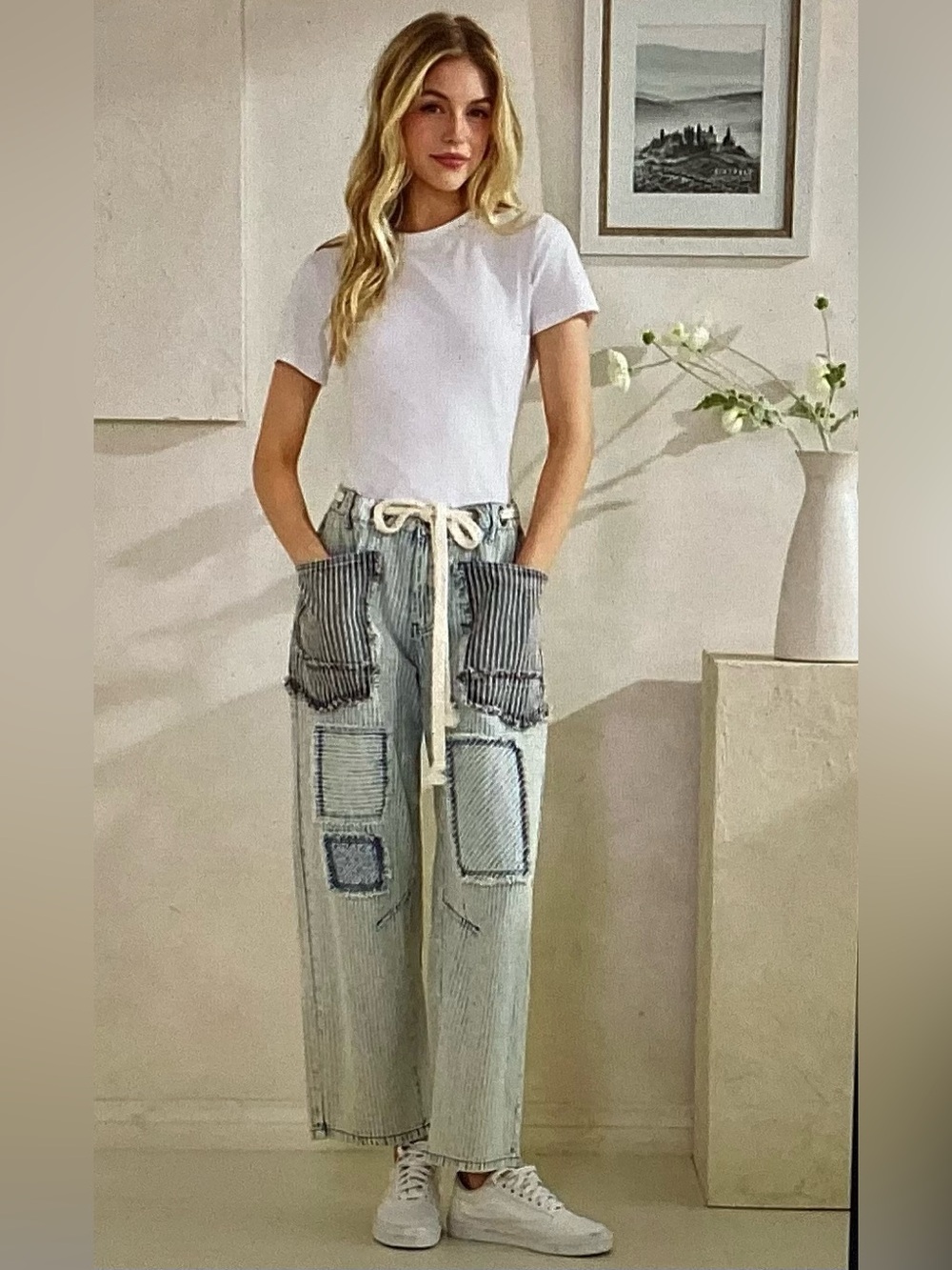 Oli & Hali Striped Patchwork Denim Jeans - Light Blue